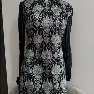 Vintage 1960's Hand-stitched Black and Silver Top/Tunic/Dress Ladies Small